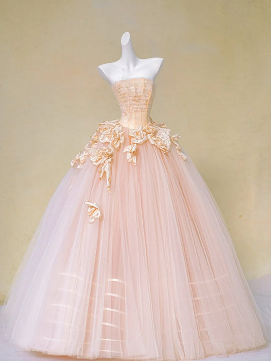 Cute Pink Ball Gown Strapless Long Women Dress with Applique Birthday Dress Evening Dress RS091