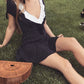 Retro V-neck polka dot waist slim short skirt homecoming dress R3318