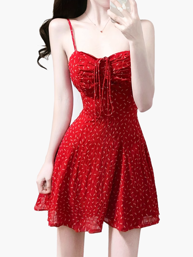 2025 Summer New Red Floral A-line Small Waist Suspender Dress R0911
