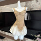 Khaki denim suspenders waist slim fit white bud skirt short skirt homecoming dress R3919