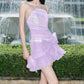 Purple halter neck slim waist bow irregular short skirt homecoming dress R3569