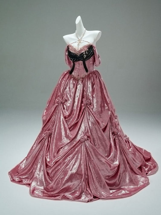 Cute Pink Ball Gown Strapless Long Women Dress with Applique and Embroidery Birthday Dress Evening Dress RS092