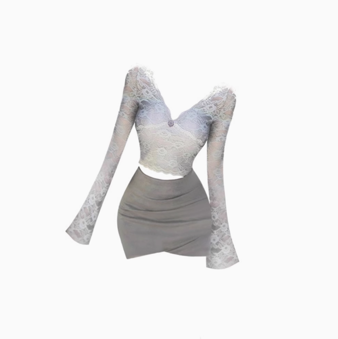 Pure desire hot girl V-neck lace bottoming top 2025 irregular hip skirt suit R1149