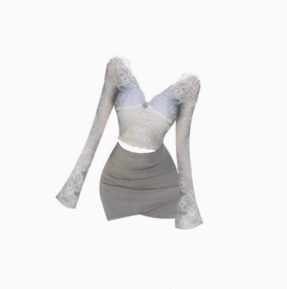 Pure desire hot girl V-neck lace bottoming top 2025 irregular hip skirt suit R1149