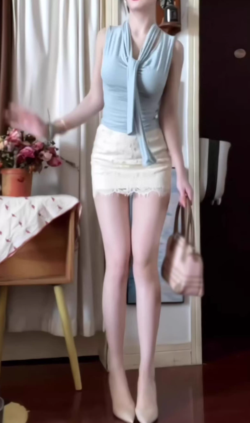 Gentle temperament blue top hip-wrapped short skirt two-piece suit skirt R0891