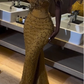 Gold Mermaid Off Shoulder Beaded Long Prom Dress Evening Formal Dress   S7090