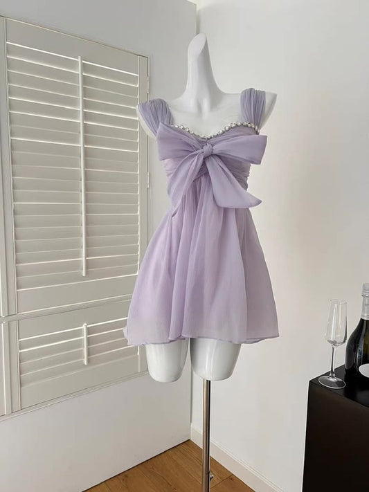 Purple suspender chest diamond A-line slim skirt homecoming dress R2549