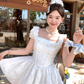 White waist square neck puff sleeves A-line dress women's French retro skirt R4949