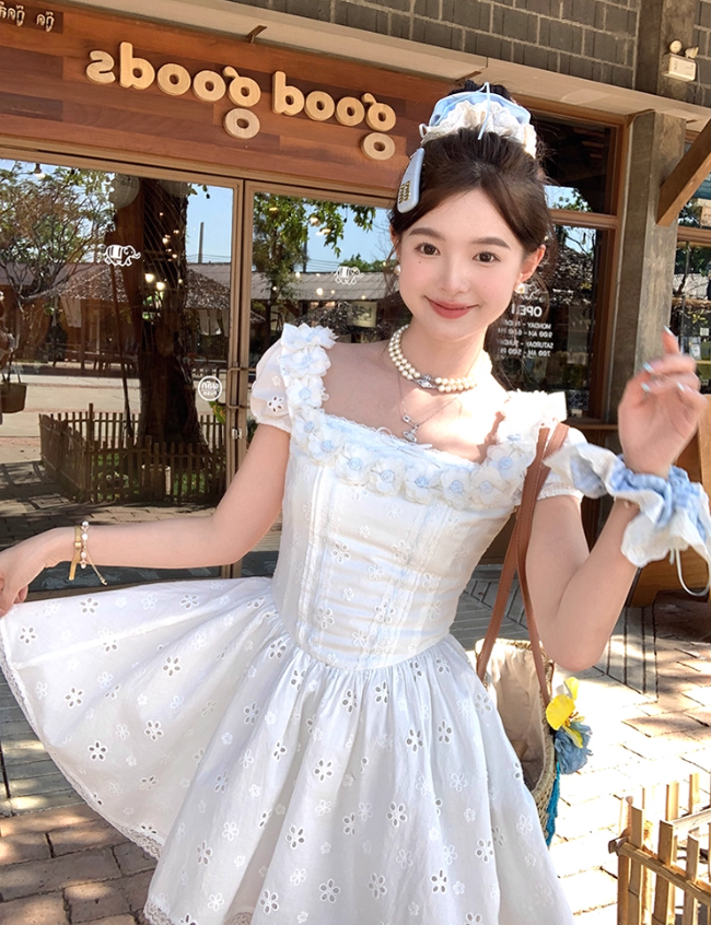 White waist square neck puff sleeves A-line dress women's French retro skirt R4949