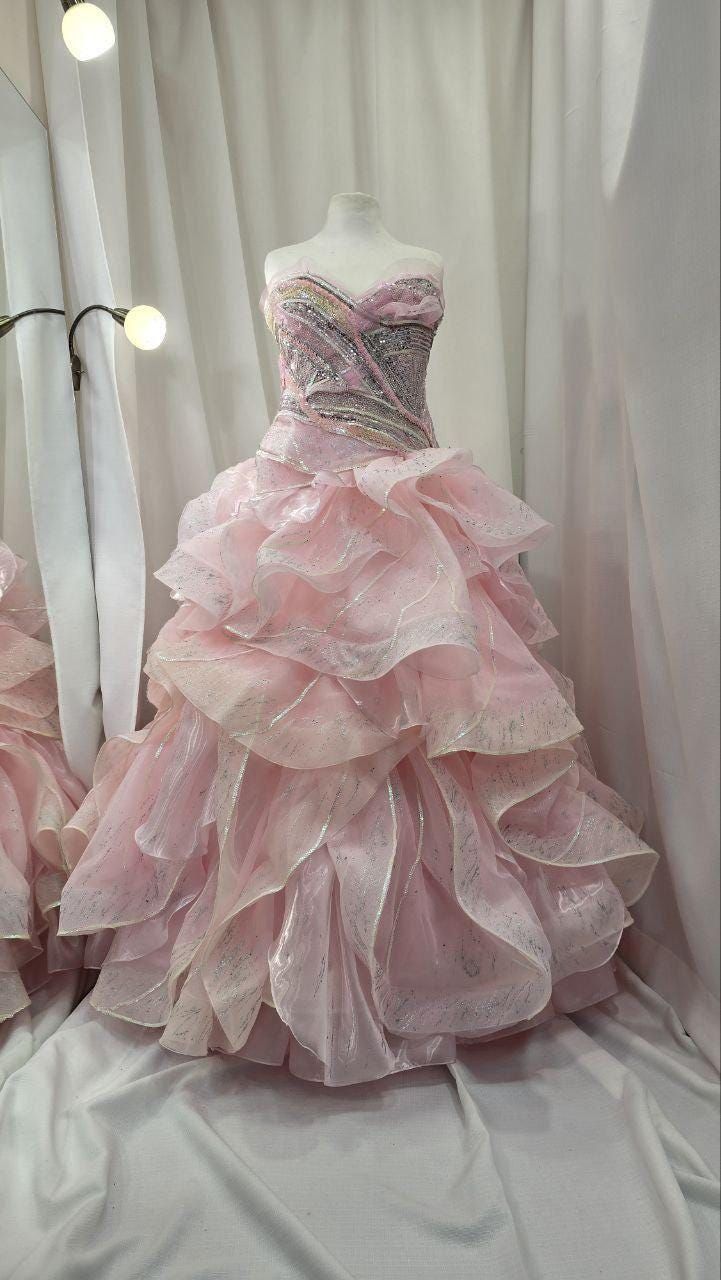 Cute Soft Pink Ball Gown Strapless Long Women Dress Birthday Dress Evening Dress RS094