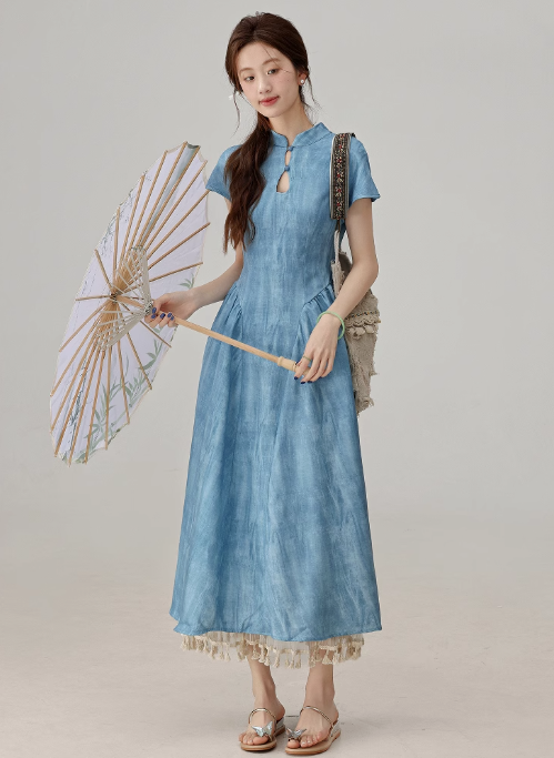 2025 summer new Chinese style blue dress this year popular cheongsam skirt R1913