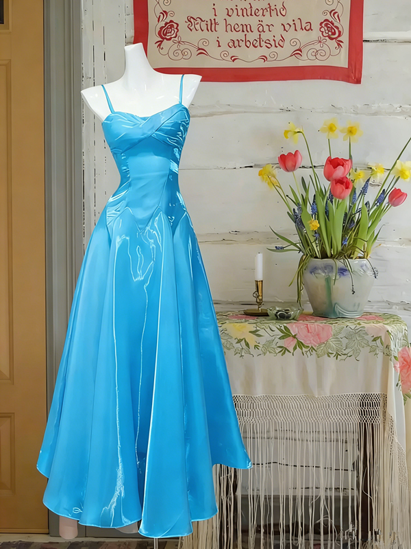 Light pink satin suspender waist slim fit A-line maxi ball gown R6066