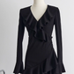 V-neck knitted dress new style ruffled trumpet sleeve slim French little black dress R0135