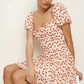 Dress French Cherry Print Square Neck Puff Sleeves Ruffle Waist Short Skirt R2933