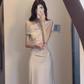 French style high-end sway collar off-shoulder dress waist-hugging hip acetate satin banquet dress R0426