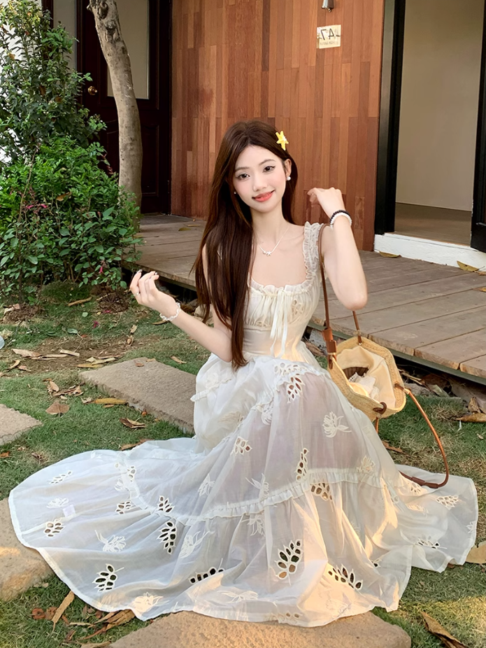 Fairy waist skirt travel photo shoot long skirt exposed waist suspender dress R1763