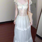 Gentle blue lace puff sleeve dress holiday temperament waist A-line long skirt R0862