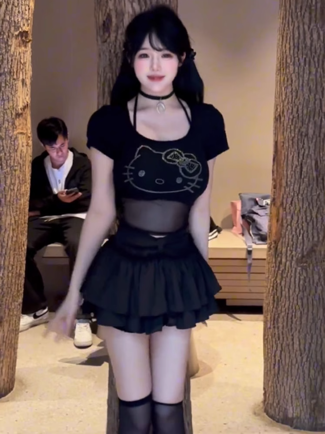 Sweet and spicy short patchwork T-shirt 2024 large size pure desire skirt suit R1016