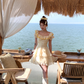 Yellow square neck puff sleeve waist dress summer French retro temperament skirt R4869