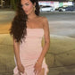 Pink Strapless Ruffle Evening Dress Women Sexy Bodycon Party Dress       S6699