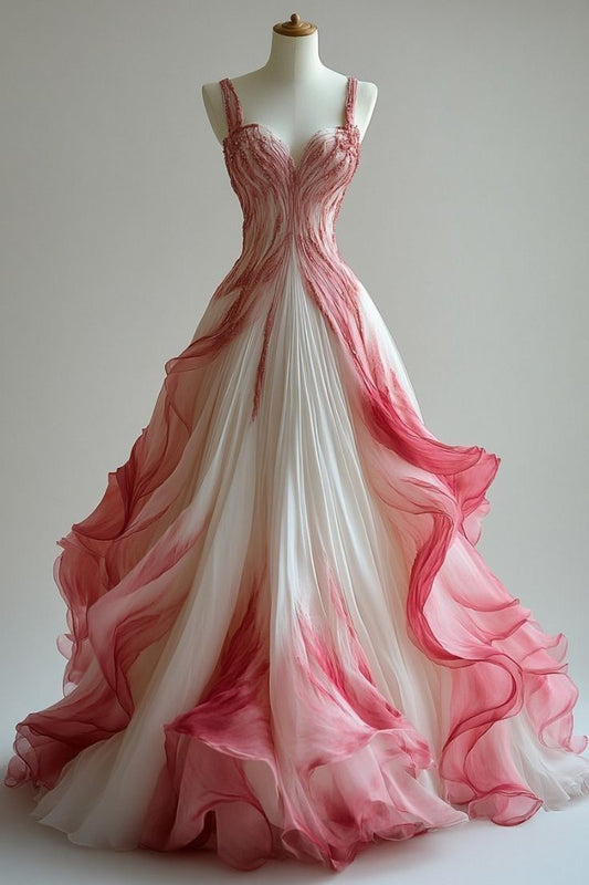 Vintage Ball Gown Straps Ombre Pink Prom Dresses Long Evening Gown Tulle Formal Party Dress       S6703