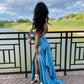 Blue Backless Satin Long Party Dress Evening Gowns With Slit      S6637