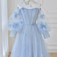 Tulle Flowers Long Prom Dress, Lovely A-Line Puff Sleeve Evening Dress      S6663
