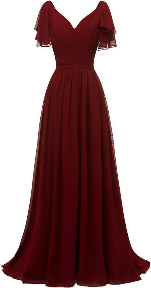 Ruffle Sleeves Bridesmaid Dress V-neck Chiffon Long Formal Wedding Evening Gowns     S2902