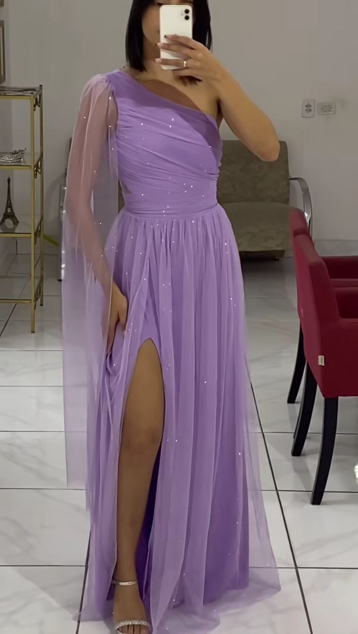 One Shoulder Lilac Long Party Dress Evening Gown With Slit       S6731
