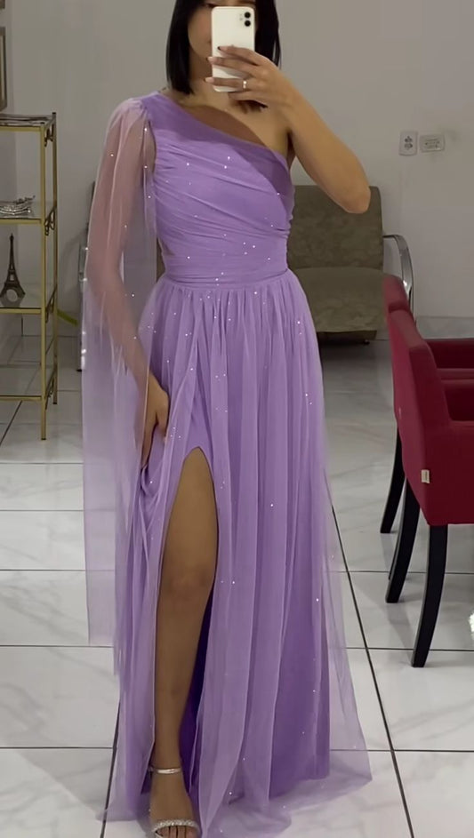 One Shoulder Lilac Long Party Dress Evening Gown With Slit       S6731