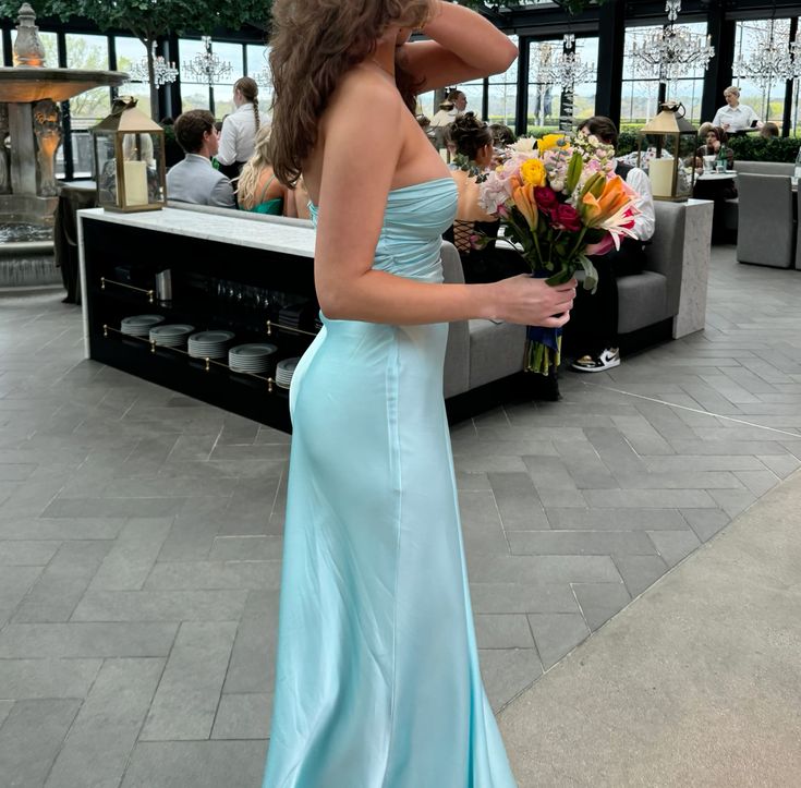 Light Blue Lovely Satin Long Party Dress Evening Gowns      S6633