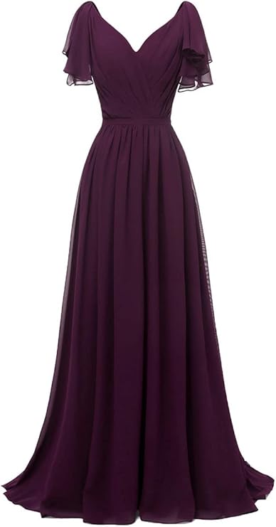 Ruffle Sleeves Bridesmaid Dress V-neck Chiffon Long Formal Wedding Evening Gowns     S2902