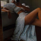 Sparkly Prom Dress With Puffy Sleeves Two Piece Evening Dress Split       S2122