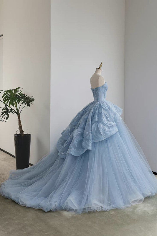 A line Blue Tulle Ball Gown Long Prom Dresses Evening Dress     S6651