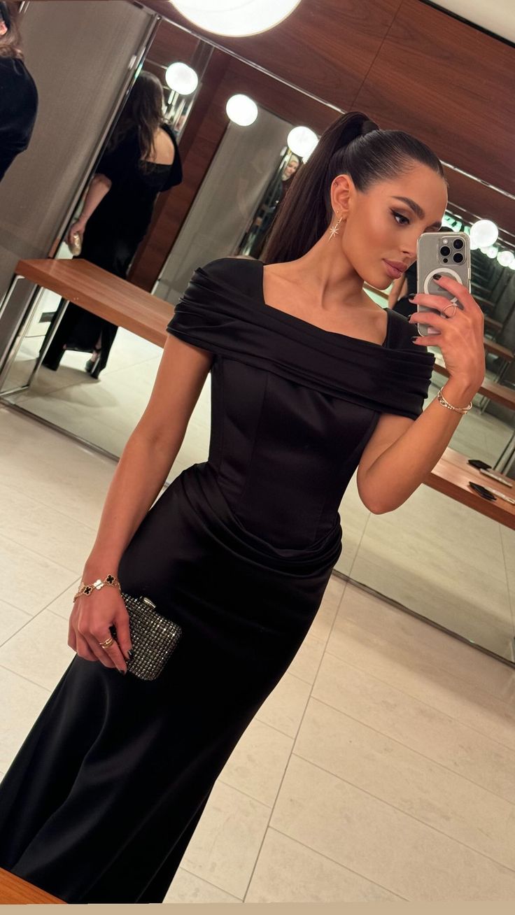 Black Mermaid Off Shoulder Satin Long Party Dress Elegant Evening Gown        S6688