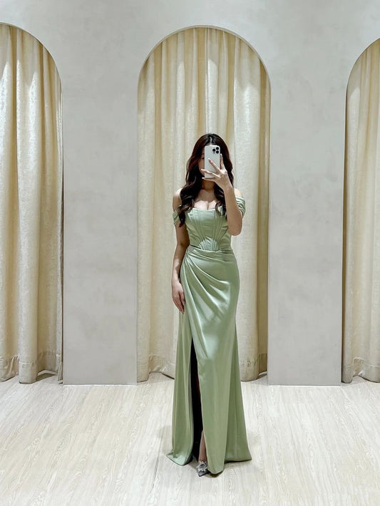 Green Off Shoulder Long Evening Dress Party Dress Prom Dress With Slit       S6694