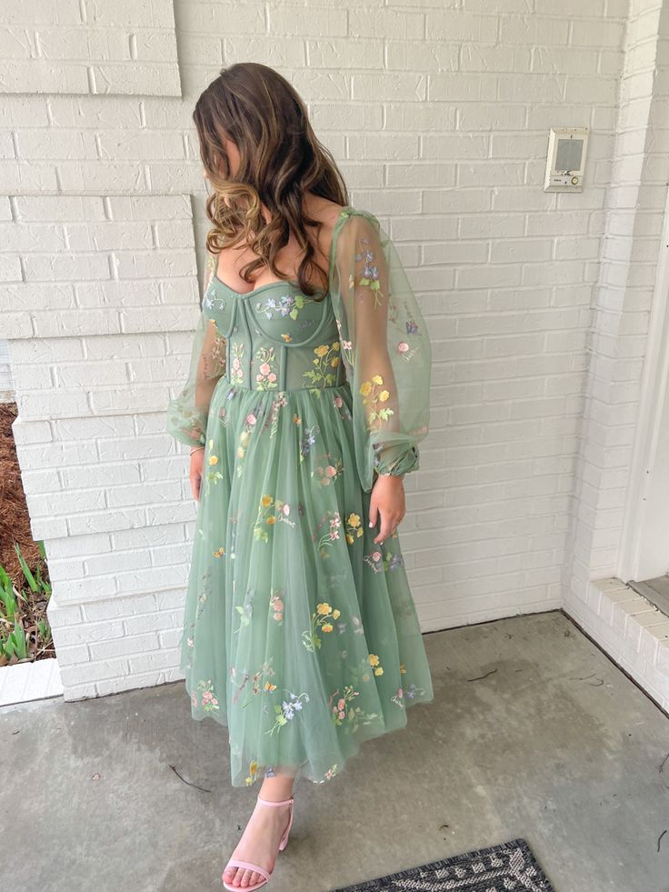 Green Embroidered Lace Prom Dress, Long Green Prom Dress        S6707