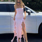 Pink Strapless Ruffle Evening Dress Women Sexy Bodycon Party Dress       S6699