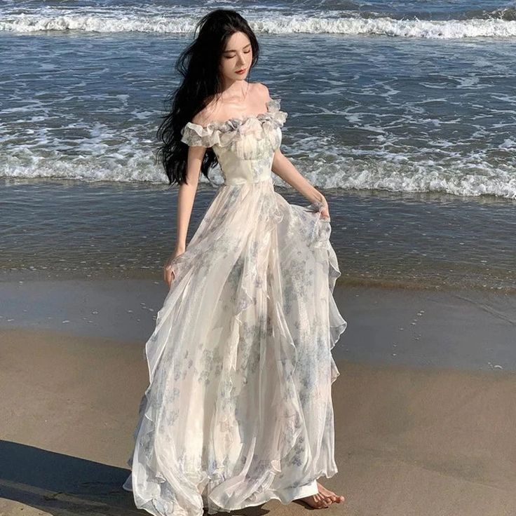 Fashion Ruffled Print Chiffon Long Dresses       S6642