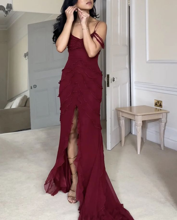 Wine Red Off Shoulder Straps Multi-layered Ruffles Long Prom Dress     S6786