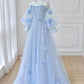 Tulle Flowers Long Prom Dress, Lovely A-Line Puff Sleeve Evening Dress      S6663
