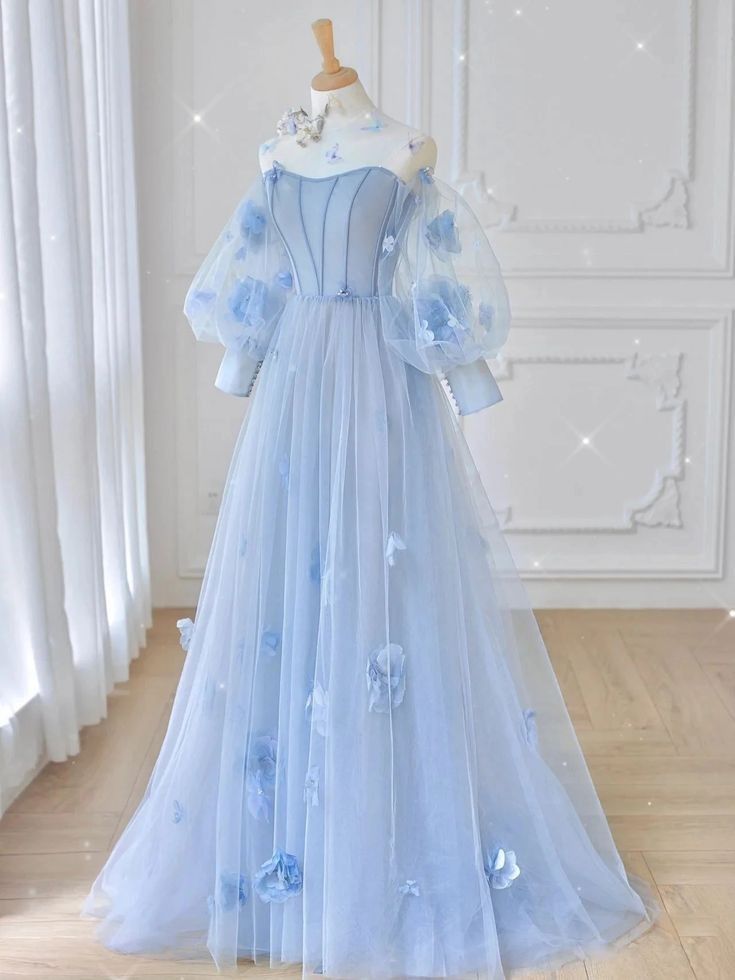 Tulle Flowers Long Prom Dress, Lovely A-Line Puff Sleeve Evening Dress      S6663