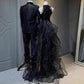 Black Halter Sequins and Tulle Long Party Dress, A-line Black Prom Dress      S6753
