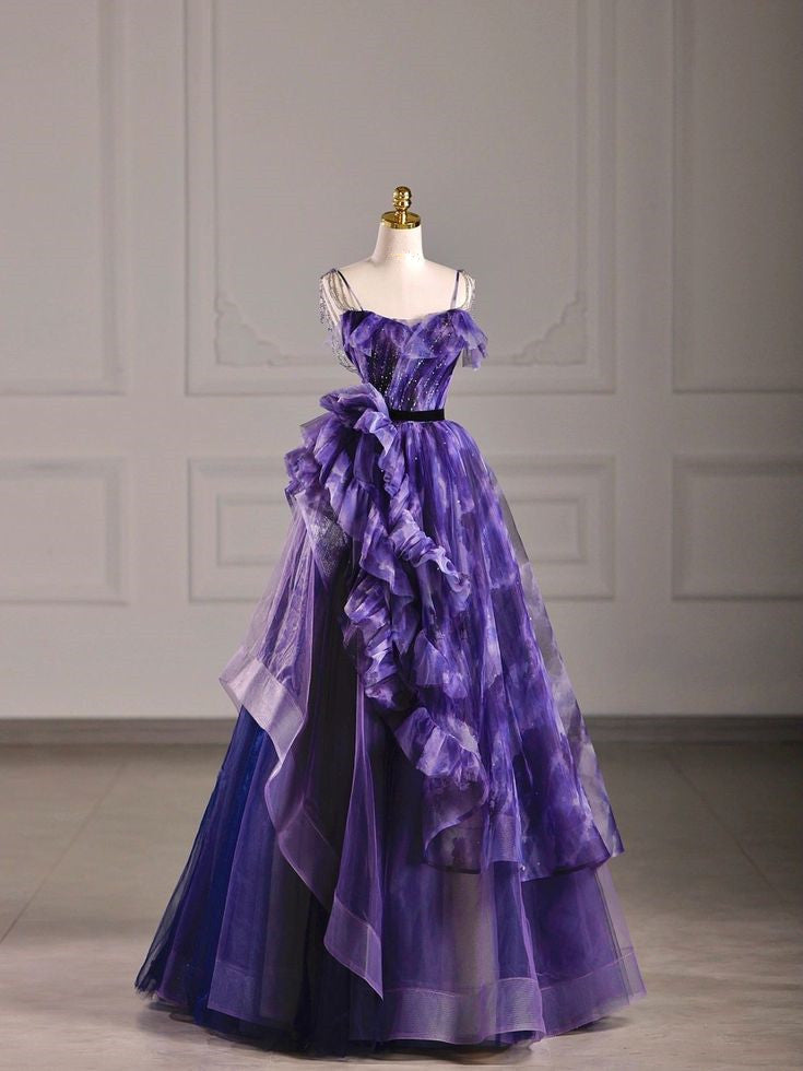 Purple Tulle Long Prom Dress, Lovely A-Line Evening Dress      S6669