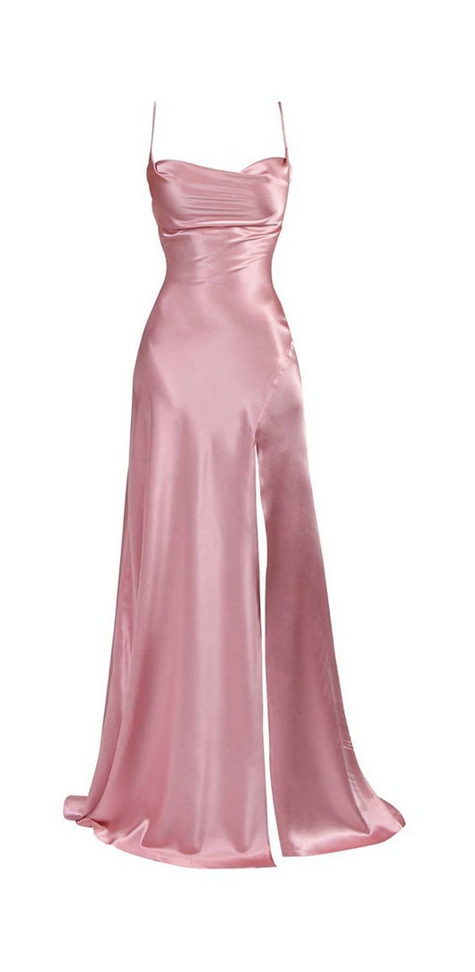 Simple Pink Spaghetti Straps Long Prom Dress with Split     S6646