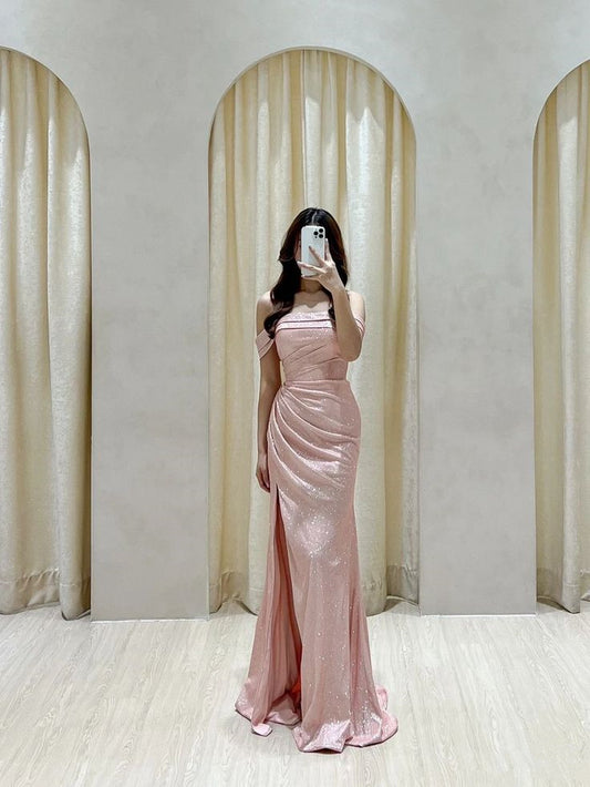 Pink Off Shoulder Long Evening Dress Party Dress Prom Dress        S6692