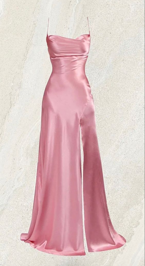 Simple Pink Spaghetti Straps Long Prom Dress with Split     S6646