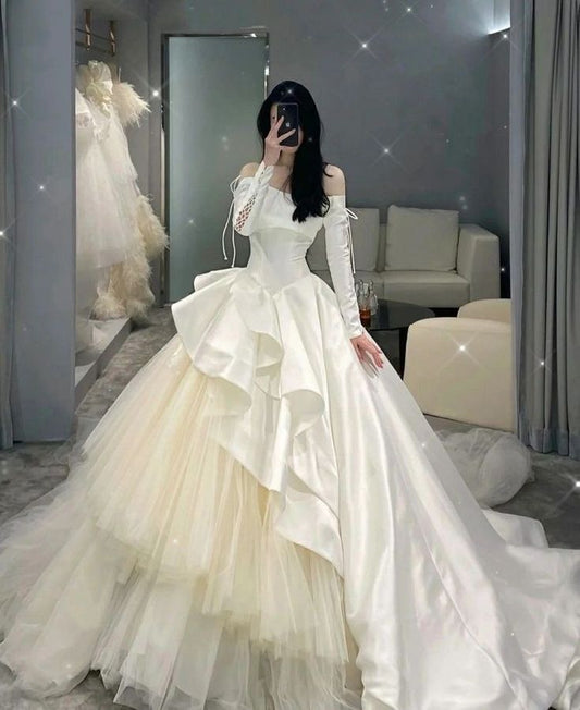A Line Tulle Wedding Dresses Long Bridal Gowns    S6653
