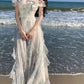 Fashion Ruffled Print Chiffon Long Dresses       S6642