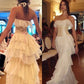 Vintage Ivory Strapless Chiffon Tiered Sheath Gorgeous Evening Dress    S6718